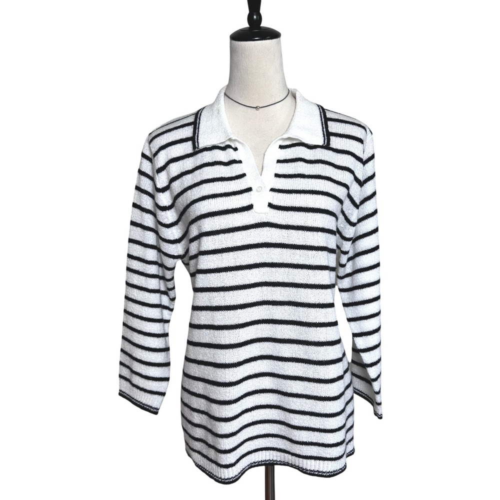 White Stag‎ Navy White Striped Terry Knit Pullover Polo Large Preppy Coastal